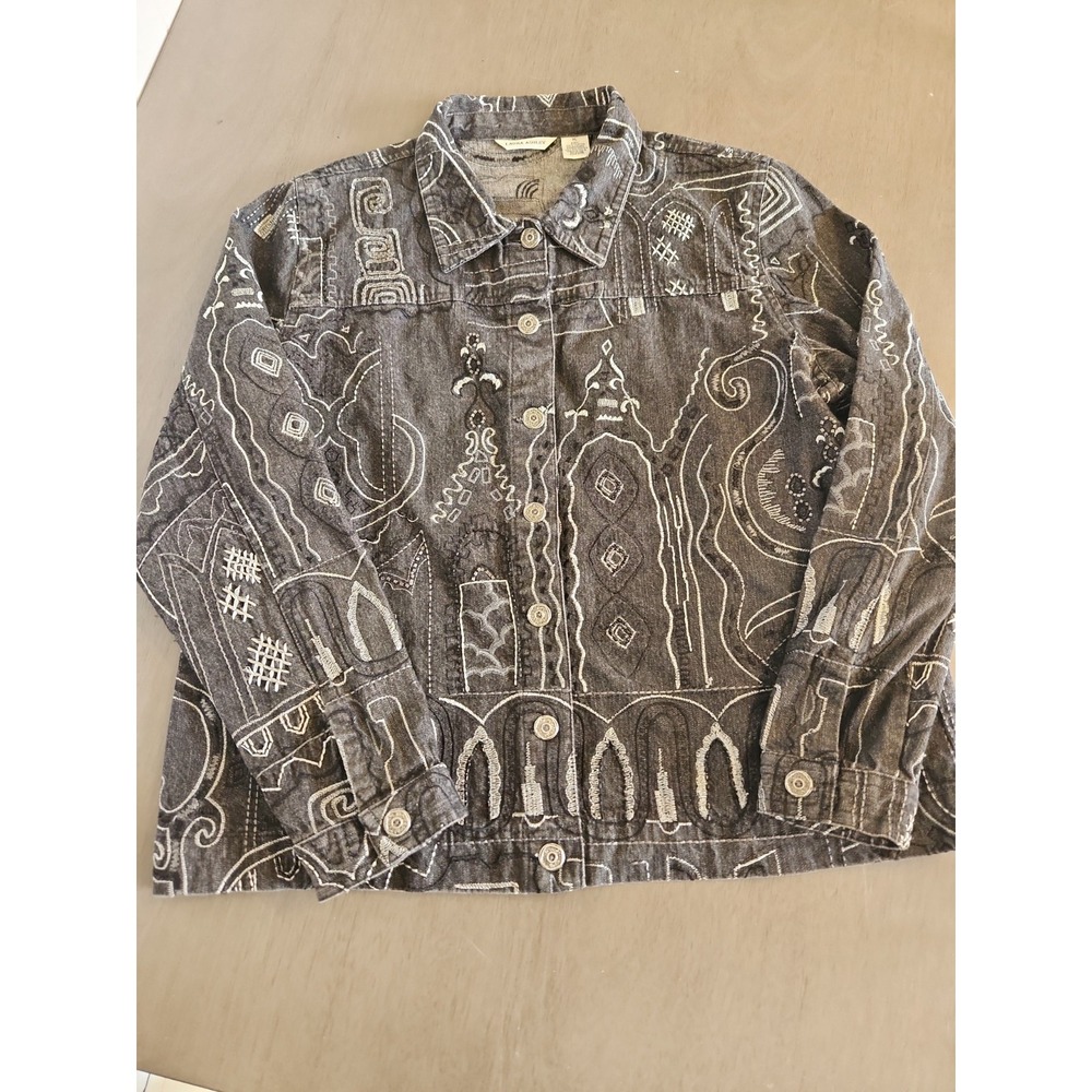 Vintage Laura Ashley Black Denim Embroidered Beaded Jacket Art to Wear XL Aztec